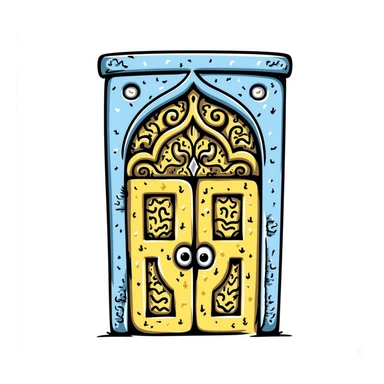 doodle of a Tunisian door with ornate patterns, blue and yellow, hand-drawn style sticker