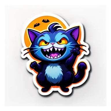 A dark blue cartoon cat with a spooky yet playful expression, inspired by Halloween sticker aesthetics. The cat is laughing uncontrollably, rolling on the floor or holding its belly, with exaggerated, expressive eyes and sharp teeth showing. The background is dark but fun, featuring gothic elements like floating candles, cobwebs, and eerie purple lighting. The art style is cute yet slightly creepy, resembling animated Halloween-themed stickers with bold outlines and vibrant colors. sticker