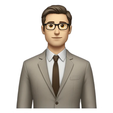 Full height Pale skinned fit man with dark brown hair in gray jacket, beige office shirt, brown tie, brown pants and vintage glasses. His right hand stretched out sticker