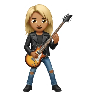 3D Apple-style emoji of a metal musician. Long hair, black leather jacket, ripped jeans, holding an electric guitar. Intense expression, glossy, rounded, smooth, soft shadows, white background.










 sticker