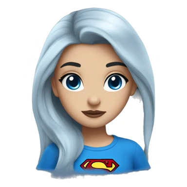 girl with black long hair and blue eyes dressed in blue tshirt with superman logo sticker