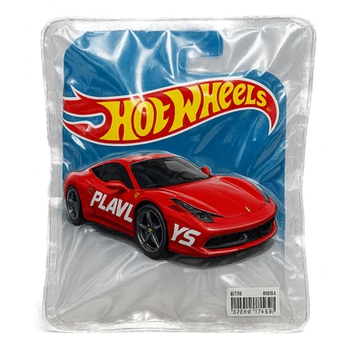 Hot Wheels blister pack with red Ferrari, 'PLAVLEYS' in bold slanted racing letters on the car, shiny and inflated vacuum-sealed style sticker