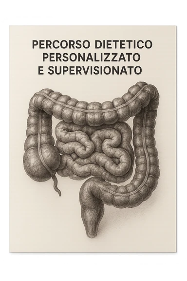 foglio di carta con intestino disegnato sopra e la scritta "percorso dietetico personalizzato e supervisionato", iperrealistico 4k sticker