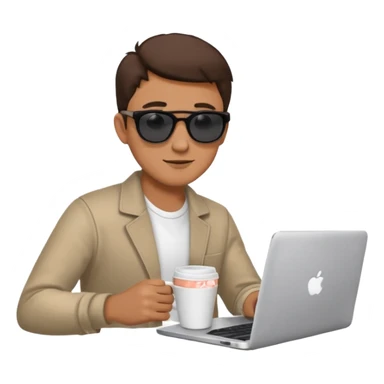 man wearing sunglasses holding a coffee cup and working on a laptop sticker