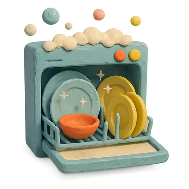 claymation style dishwasher with bubbles and sparkling plates, playful arrangement, pastel palette sticker