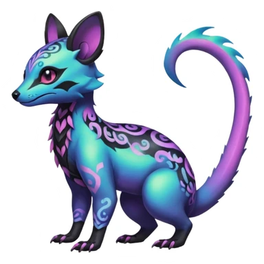 Rare neon iridescent white exotic cute epic aesthetic gothic colorful Salandit-Eevee-Civet-species-Fakemon-hybrid-creature, with intricate tattoo markings, full body sticker