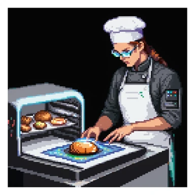 Ein futuristischer Bäcker mit holografischen Zutaten, Laserpräzision und einem Ofen, der mit Lichtstrahlen arbeitet. Interface wirkt wie Glas mit Lichtreflexen, Buttons wie Touchpads mit haptischem Feedback. sticker