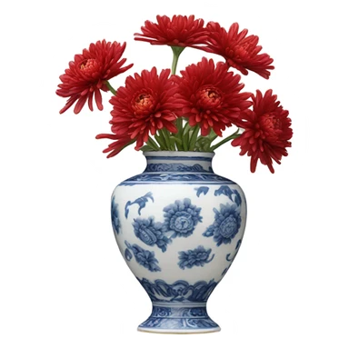 A Victorian oil painting of red chrysanthemums in a delicate porcelain vase on a lace-covered table. sticker
