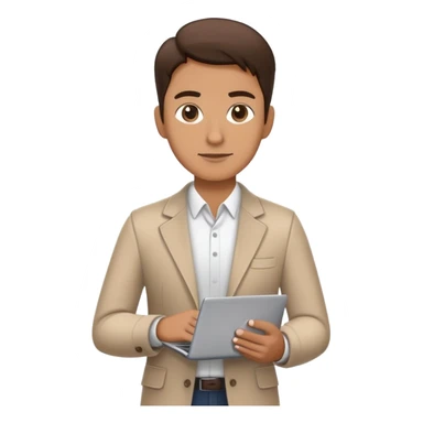 business owner standing confidently, holding a closed laptop in one hand and a takeaway coffee cup in the other. The character wears casual-smart clothes. sticker