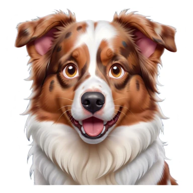 Cinematic Comical Predominantly White Red Merle Australian Shepherd Portrait Emoji, Head tilted dramatically with an exaggeratedly shocked or offended expression, predominantly white fur with distinctive red merle patches, wide, expressive blue eyes filled with exaggerated disbelief, Simplified yet hilariously expressive features, highly detailed, glowing with a slightly sassy glow, high shine, dramatic yet playful, stylized with an air of attitude, bright and endearing, soft glowing outline, capturing the essence of a sassy and over-the-top pup, so meme-worthy it feels like it could side-eye its way into internet fame instantly! sticker