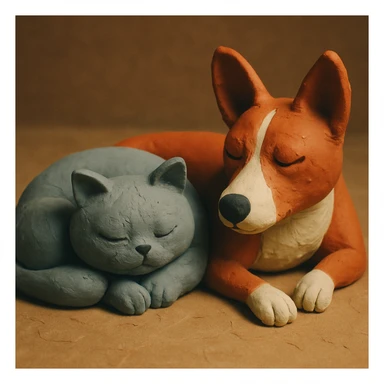 A gray British Shorthair cat curled up and sleeping next to a red Basenji dog sticker