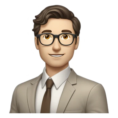 Pale skinned fit man with dark brown hair in gray jacket, beige office shirt, brown tie, brown pants and vintage glasses Writing on the flipchart sticker