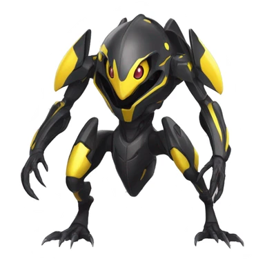 a shiny black-yellow Genesect-Raptor-Fakémon—hybrid with a futuristic visor-helmet full body sticker