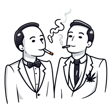 Two men in tuxedos smoking cannabis at a wedding party sticker