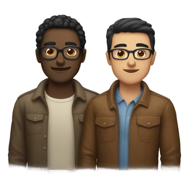 Two men hugging, one white with black hair, one brown with hlasses sticker