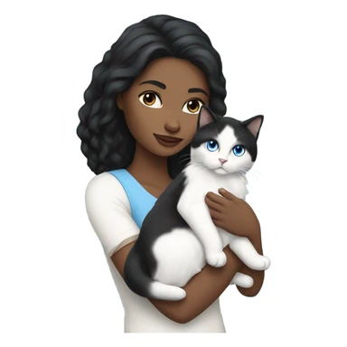 woman with black hair and holding a all white Siberian cat with blue eyes sticker