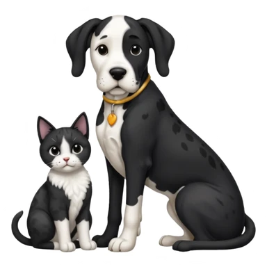 Large Black and white great dane dog sitting with a small black and white cat sticker