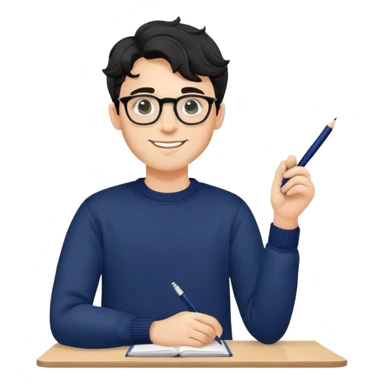 Young caucasian man with black wavy hair, round glasses, navy blue sweater, confident trustworthy smile, professional designer with pen sticker