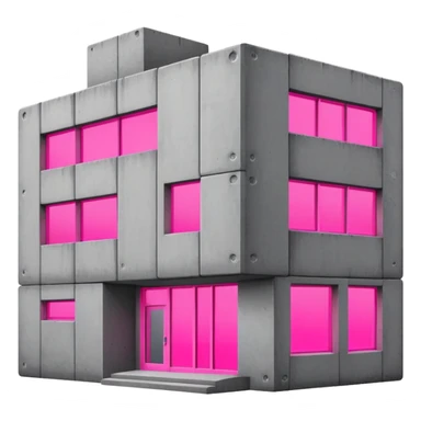 brutalist gray concrete block building with one neon pink window sticker