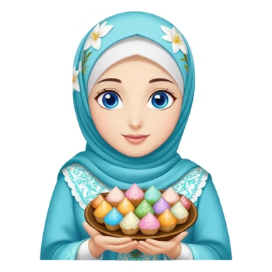 Turkish beautiful finish Konya girl blue eyes with lily floral hijab islamic dress and had on her hand text Eid Mubarak with sweets and celebrating with her friends eid days   sticker