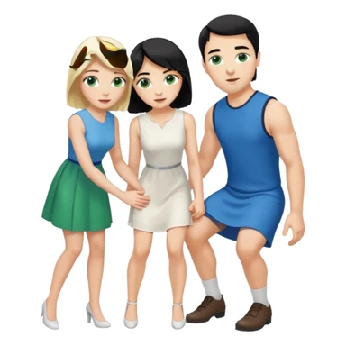 prince, black hair, blue eyes, garment,  woman, blonde Hair, green eyes, bending knee, sleveless white dress, sticker