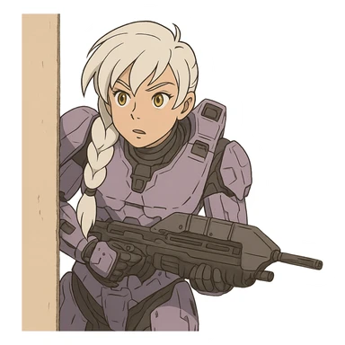 female, wearing reach spartan armor default, long white braid hair with massive messy front side single bangs, gold yellow eyes, attention pose, HALO:series, no helmet, the armor is lavender color scheme, shoulder pad off. DDD bust size fitting. Punk gothic cyberpunk, peeking around a corner wall brandishing a classic halo1 AR sticker