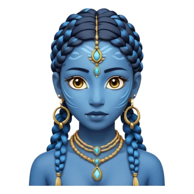 Illustrate a Pandora-style female avatar with radiant blue skin, intricate facial markings, twin braids flowing down, and deep luminous eyes. She wears golden earrings and a tribal rope necklace with a gem, her calm yet powerful gaze reflecting the spirit of the Na’vi. sticker