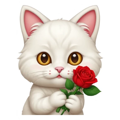 Cute emoji-style white cat holding a red rose in its mouth, big round eyes, fluffy fur, clean mascot style, centered, transparent background, 1:1 ratio. sticker