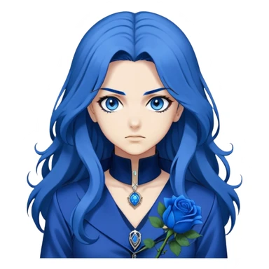 head portrait of anime girl with long dark blue hair, blue rose in hair, bright blue eyes, dramatic JoJo's Bizarre Adventure style, bold outlines, intense expression sticker