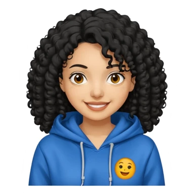A women with a black curly hair who wear a hoodie and that hoodie have a some smorf sticker