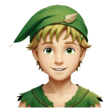 Cinematic Realistic Peter Pan Portrait, depicted with lifelike, youthful skin touched by a gentle sun-kissed glow. His bright, expressive eyes and confident smile evoke a timeless sense of wonder. Dressed in his iconic green tunic and feathered cap, every detail is rendered with soft, natural lighting that highlights his blend of innocence and courageous spirit. sticker