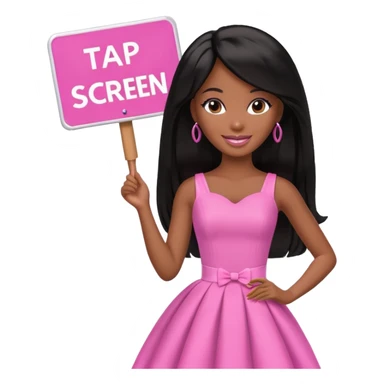 Black barbie, long black  hair, pink dress holding sign, that says "tap screen"  sticker