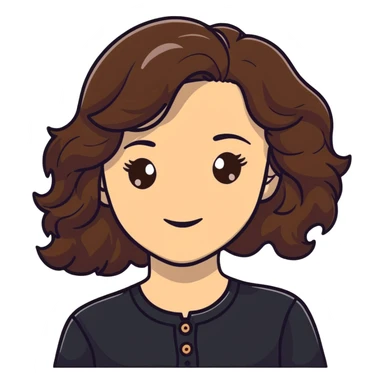 27 year old Caucasian woman with fair skin, brown eyes, long wavy dark brown hair, wearing a black top with a button sticker