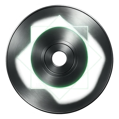 A minimalist CD disc with geometric pattern, glowing effect, green color, chrome style. sticker