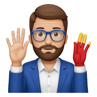 A brown-haired man with a designer stubble beard and rectangle glasses. He pose to show him shrugging - raise both shoulders up in a "I don't know" gesture, In the background the Romania flag. sticker