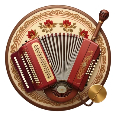 Create a warm and authentic humanless emoji representing folk singing. The design should feature a traditional folk microphone at the center, surrounded by classic instruments such as a bayan (button accordion), gusli (a traditional Russian zither), and a tambourine. Arrange these instruments in a harmonious, circular pattern to evoke a sense of folk music and community performance. Use natural, earthy colors like wood brown, deep red, and golden accents to reflect the rustic and heartfelt spirit of folk music. Add subtle musical notes to the background to convey the rhythm and harmony of the performance. The background should be transparent. sticker