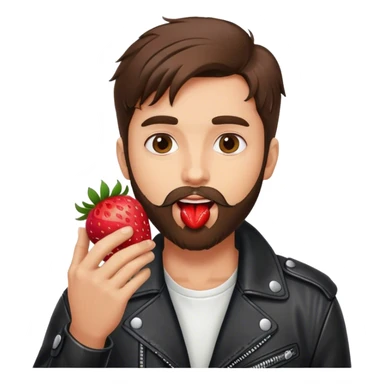 dressed with a black leather jacket, a brunette guy with a beard and toupee licking a strawberry sticker
