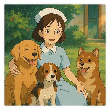 brunette nurse with dogs, ghibli style sticker