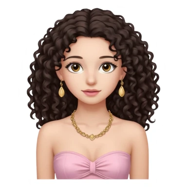 crée moi une jeune fille très belle avec les cheveux bouclés long et brune avec un top  sans manche ni brettelles juste un 'bandeau' de couleur rose clair avec un peu de maquillage et des beaux et long  cils avec un collier en or sticker