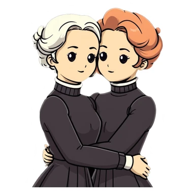 Two Victorian women with light eyes, one with bright white coiffed hair and one with dark copper coiffed hair, wearing Victorian turtleneck dresses, embracing each other in a sad, intimate hug sticker