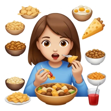Girl with brown hair eating a lot of food sticker