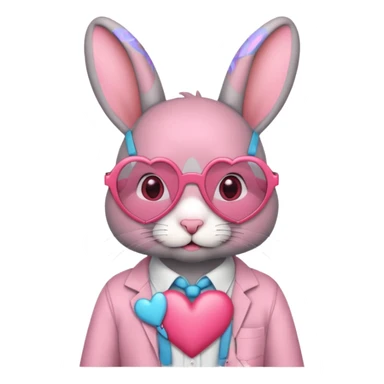 Gray bunny wearing heart-shaped glasses, half body with shirt sticker