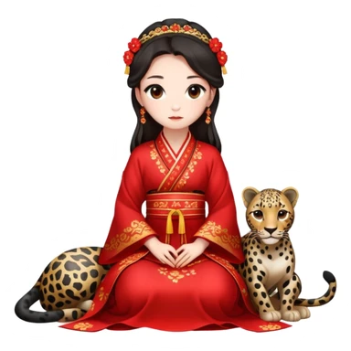 A beautiful girl in red Hanfu wedding dress sits on the ground holding a black leopard sticker