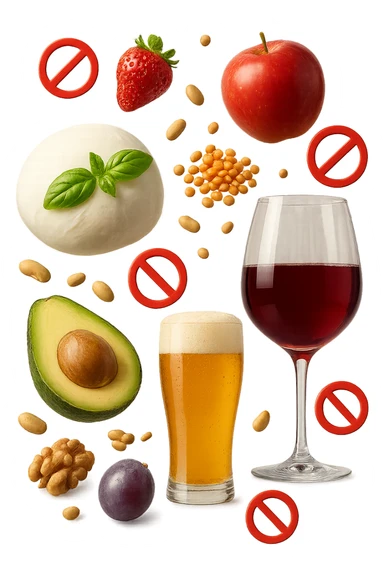 mozzarella, frutta legumi, frutta secca, birra e vino realistici fluttuano in aria con piccoli divieti 3d, IPERREALISTICO 4K sticker