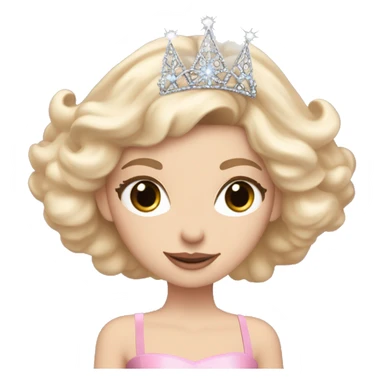 white girl with blonde hair and brown eyes wearing an elegant fluffy pink dress wearing a silver tiara holding a big wand in her hand surrounded by a bubble sticker
