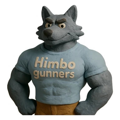muscular wolf furry wearing a t-shirt that says 'Himbo gunners' sticker