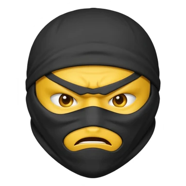 angry ninja face emoji with dark gray ninja mask, no visible skin, classic emoji yellow face sticker