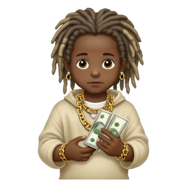 A baby with a lot of money in his hand with dreads and a chain that says MDB around his neck sticker