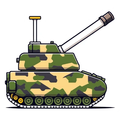 Military tank with camouflage pattern and large cannon sticker