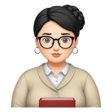 pale chubby female teacher with black hair in a updo bun, wearing glasses sticker